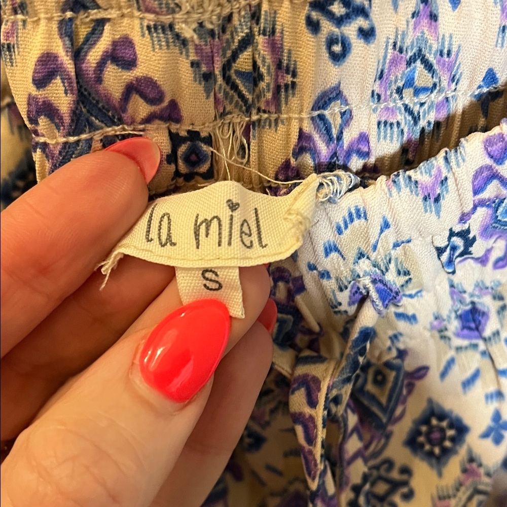 La Miel Blue Purple Patterned Wide-Leg Pant with Elastic Waist - Size Small - Picture 5 of 8